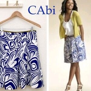 CAbi Skirt Women Size 8 Blue White Swirl Print A-Line Knee Length Pleated